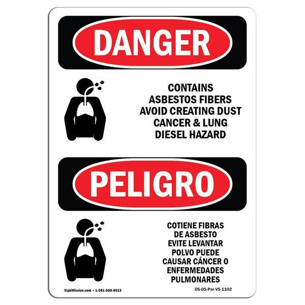 Signmission Safety Sign, OSHA Danger, 18" Height, Aluminum, Contains Asbestos Fibers Spanish OS-DS-A-1218-VS-1102